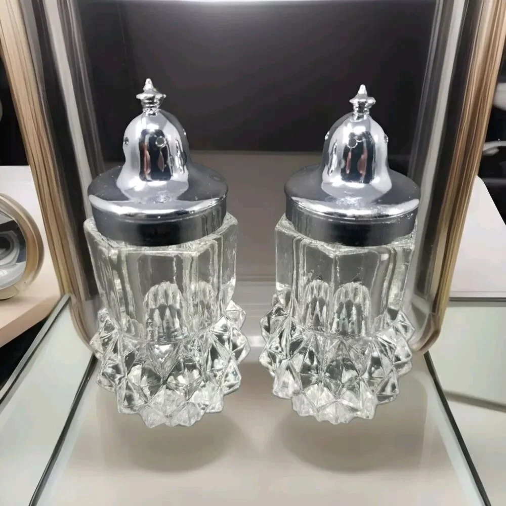 Vintage Salt & Pepper Shakers c1960s Heavy Glass Made in Hong Kong Diamond Cut